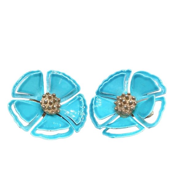 Teal Blue Enamel Flowers Earrings Clip On Flower Power 70s Fun Colorful Jewelry - Picture 1 of 9